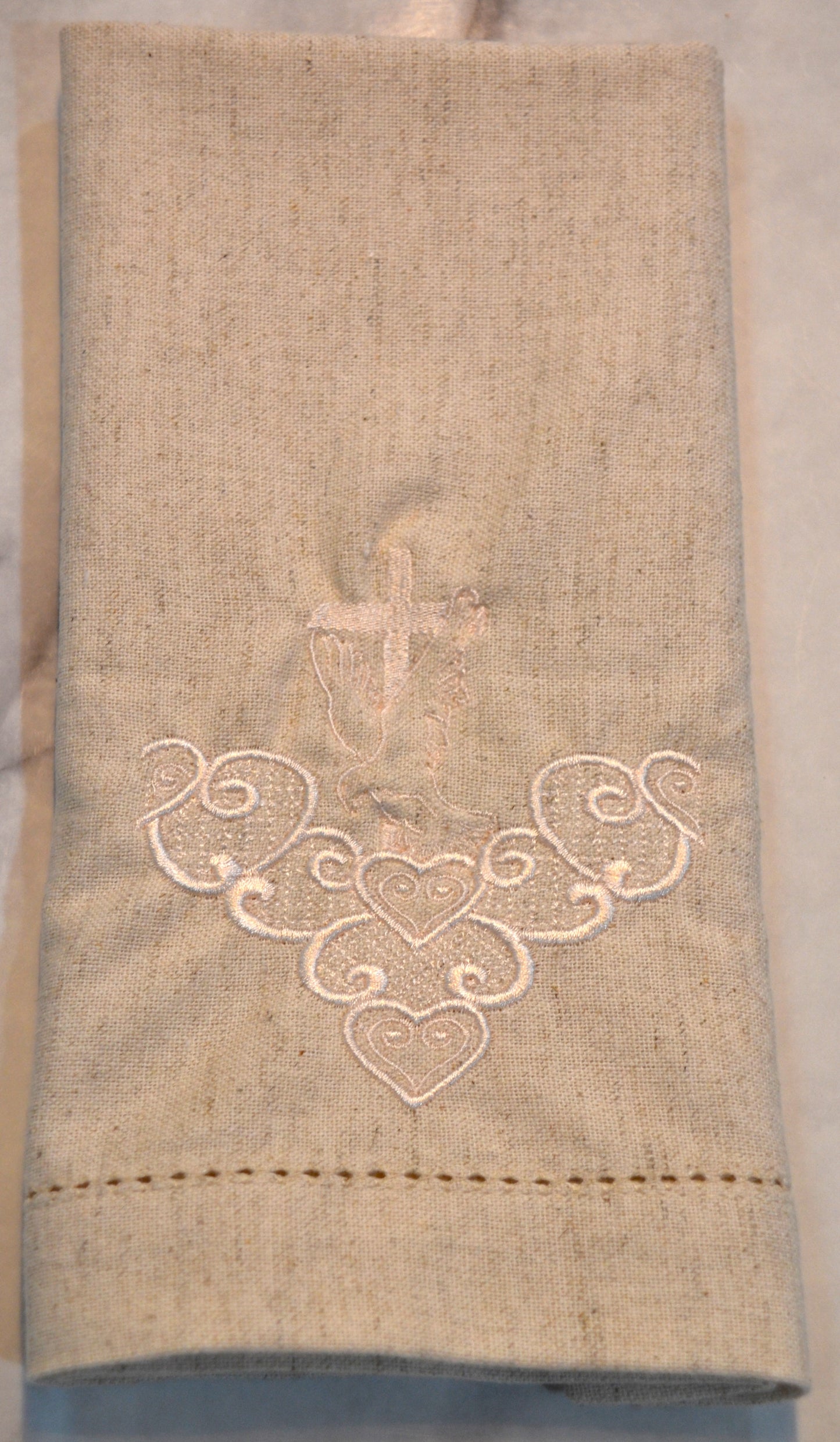 Cross with Dove Embroidered Hemstitched Dinner Napkins