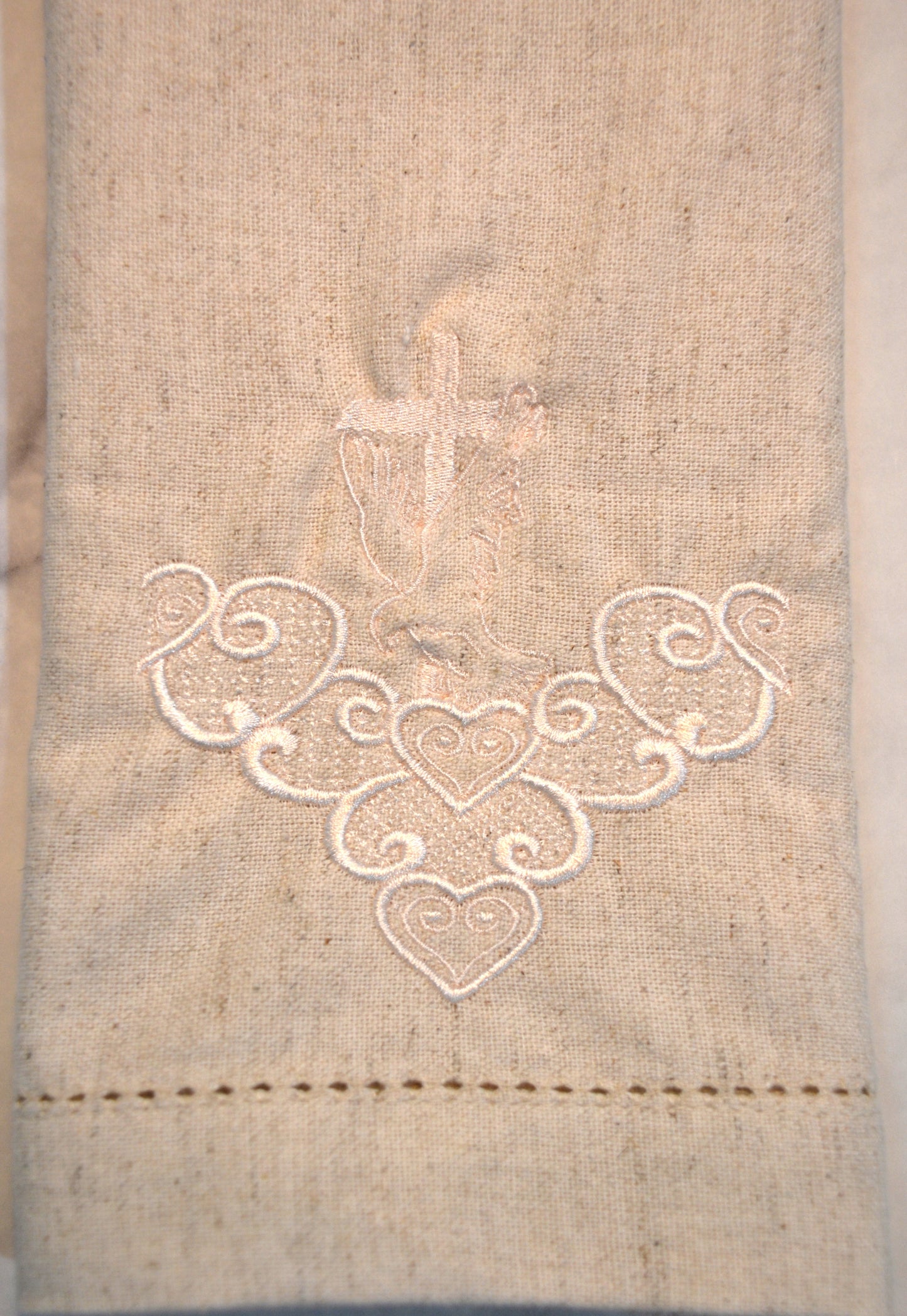 Cross with Dove Embroidered Hemstitched Dinner Napkins